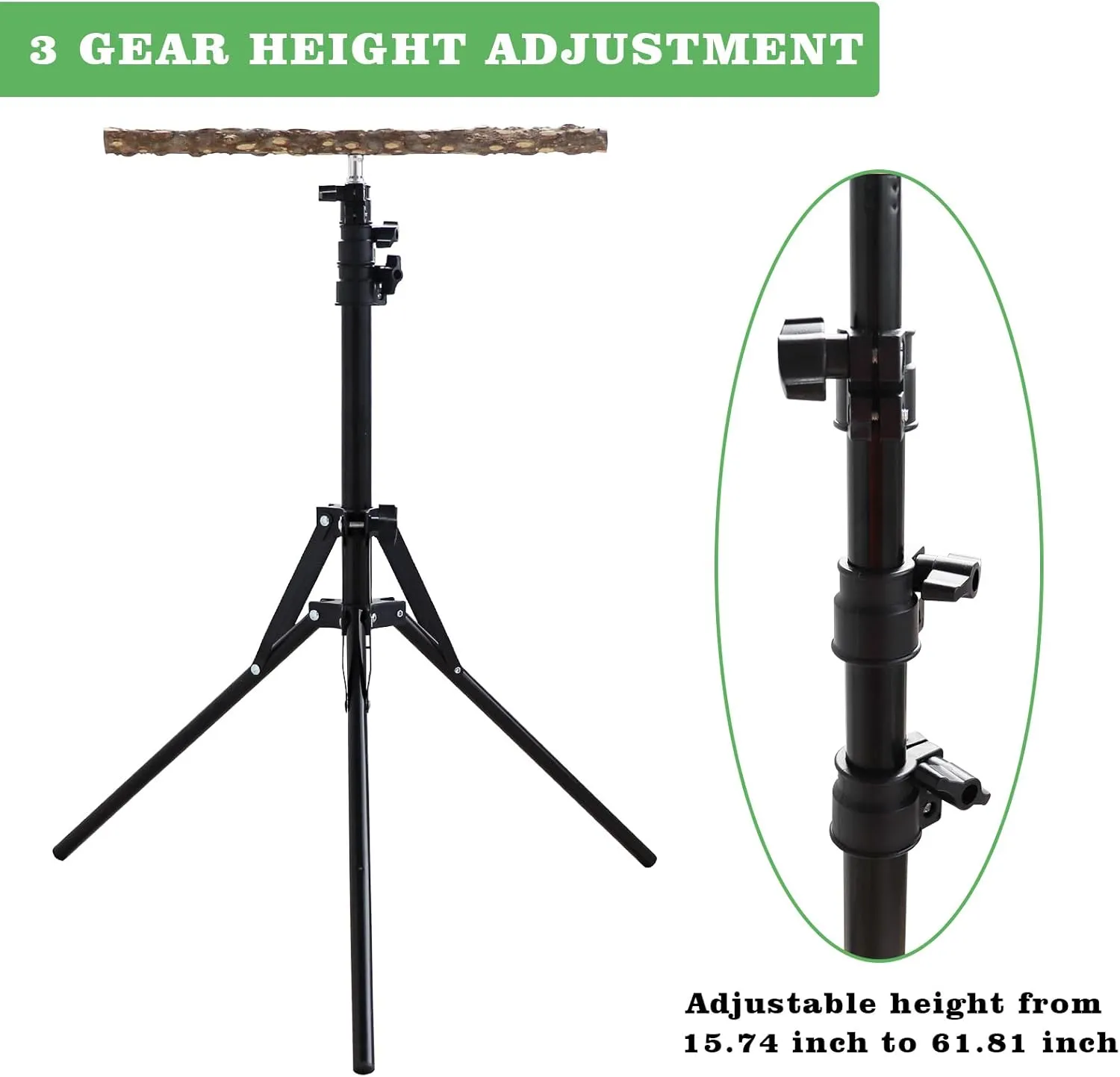 16-63 Inch Height Adjustable Natural Pepper Wood Parrot Perch, Indoor and Outdoor Bird Stand for Small to Medium Birds