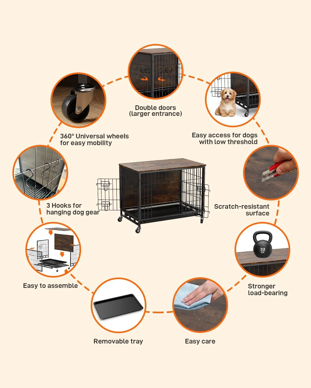 2024 New Dog Crate Furniture, Chic 32.5" Medium-Sized Dog Crate with Dual Access, Seamless Cleaning, Interior Style Boost, Robust & Mobile Design for The Modern Pet, Rustic Brown