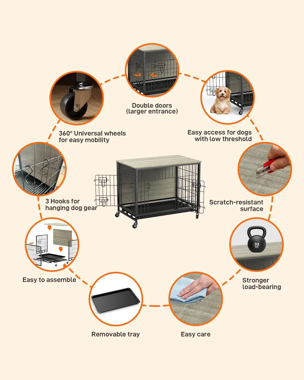 2024 New Dog Crate Furniture, Chic 32.5" Medium-Sized Dog Crate with Dual Access, Seamless Cleaning, Interior Style Boost, Robust & Mobile Design for The Modern Pet, Rustic Gray