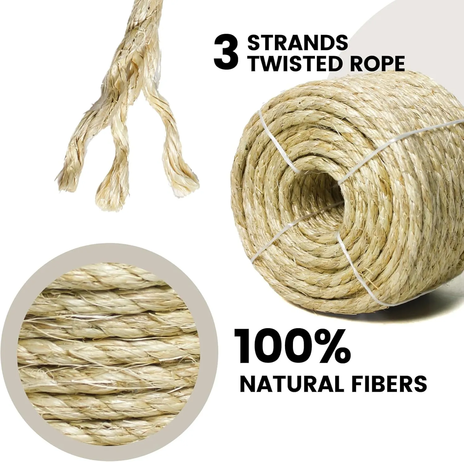 3/8 Inch Natural Sisal Rope 100FT for Cat Scratcher, Cat Scratching Post Tower Replacement, Recovering and DIY
