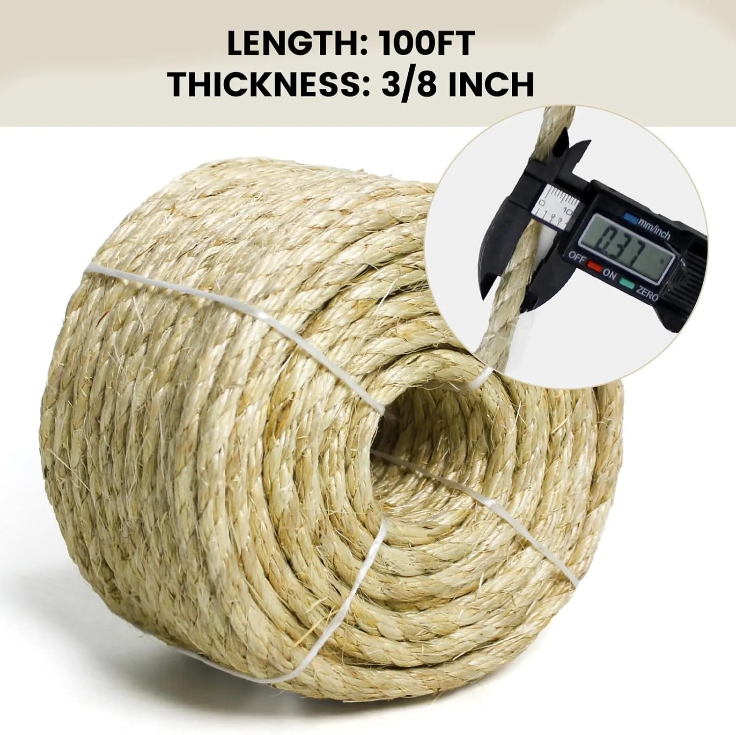 3/8 Inch Natural Sisal Rope 100FT for Cat Scratcher, Cat Scratching Post Tower Replacement, Recovering and DIY