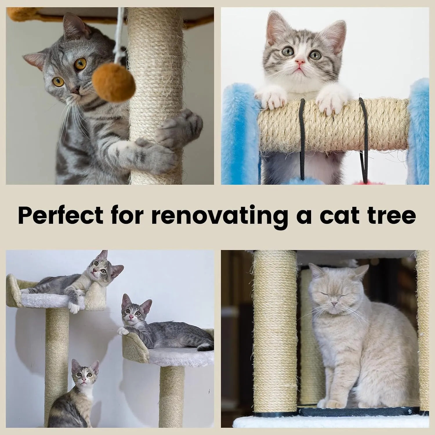 3/8 Inch Natural Sisal Rope 100FT for Cat Scratcher, Cat Scratching Post Tower Replacement, Recovering and DIY