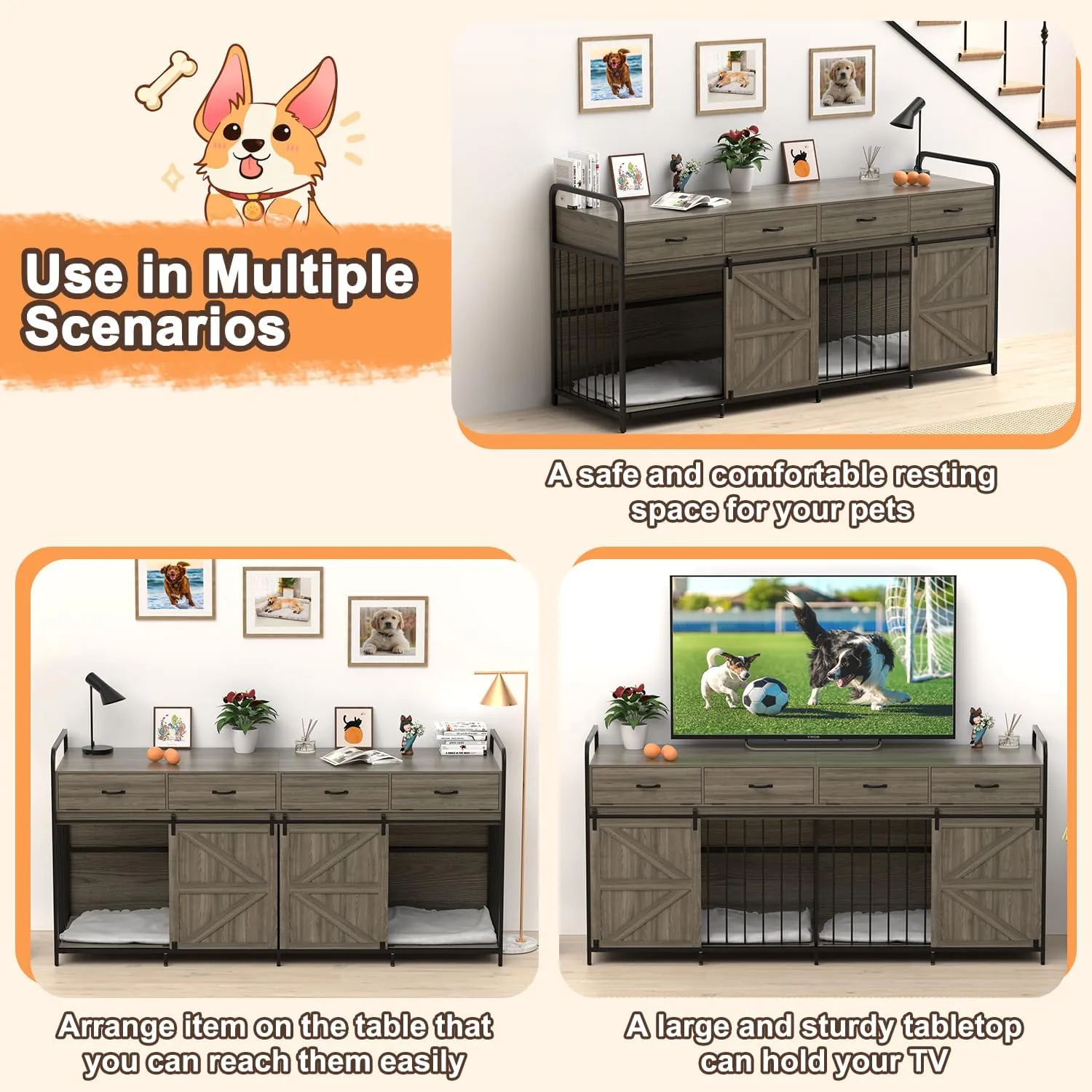 78.7" Double Dog Crate Furniture for 2 Large Dogs Heavy Duty Wood Dog Kennel with Sliding Barn Door & Divider Furniture Style Dog Crate Side Table with 4 Space Drawer for Dog Supply (Grey)