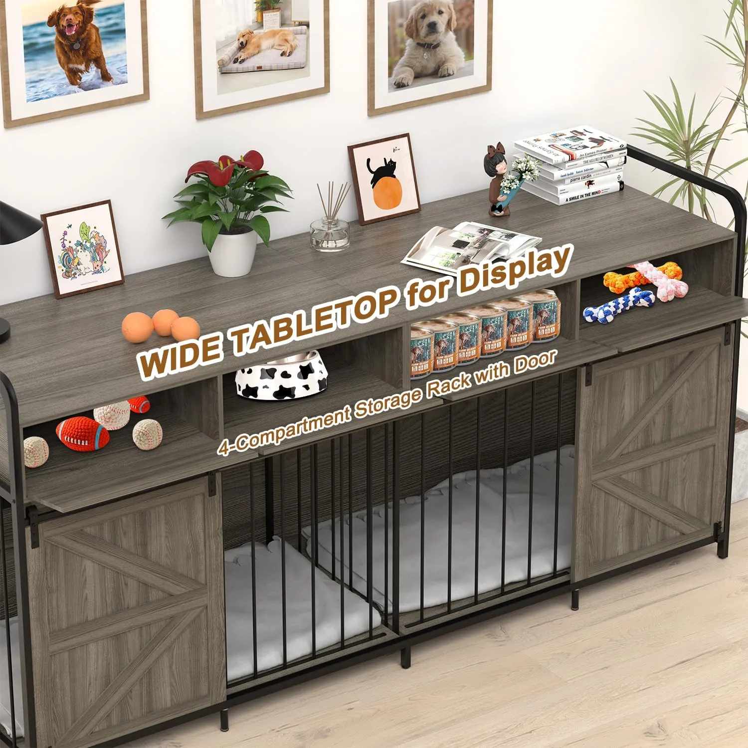78.7" Double Dog Crate Furniture for 2 Large Dogs Heavy Duty Wood Dog Kennel with Sliding Barn Door & Divider Furniture Style Dog Crate Side Table with 4 Space Drawer for Dog Supply (Grey)