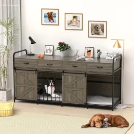 78.7" Double Dog Crate Furniture for 2 Large Dogs Heavy Duty Wood Dog Kennel with Sliding Barn Door & Divider Furniture Style Dog Crate Side Table with 4 Space Drawer for Dog Supply (Grey)