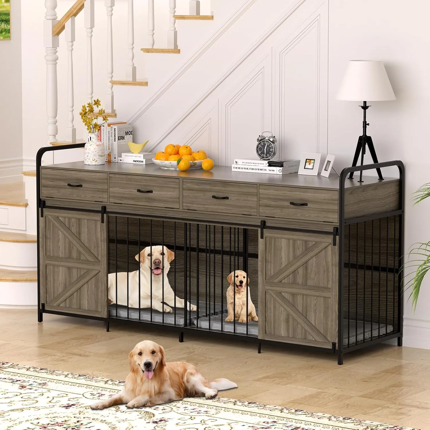 78.7" Double Dog Crate Furniture for 2 Large Dogs Heavy Duty Wood Dog Kennel with Sliding Barn Door & Divider Furniture Style Dog Crate Side Table with 4 Space Drawer for Dog Supply (Grey)
