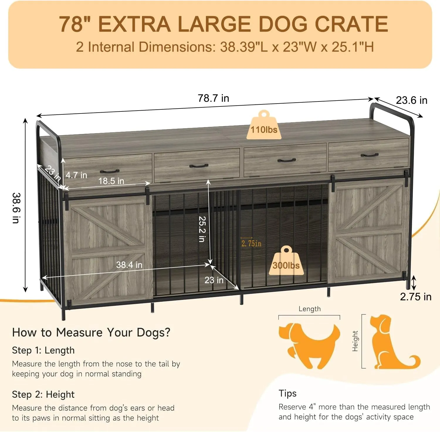 78.7" Double Dog Crate Furniture for 2 Large Dogs Heavy Duty Wood Dog Kennel with Sliding Barn Door & Divider Furniture Style Dog Crate Side Table with 4 Space Drawer for Dog Supply (Grey)