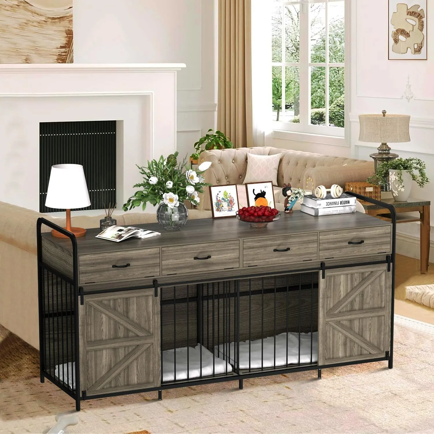 78.7" Double Dog Crate Furniture for 2 Large Dogs Heavy Duty Wood Dog Kennel with Sliding Barn Door & Divider Furniture Style Dog Crate Side Table with 4 Space Drawer for Dog Supply (Grey)