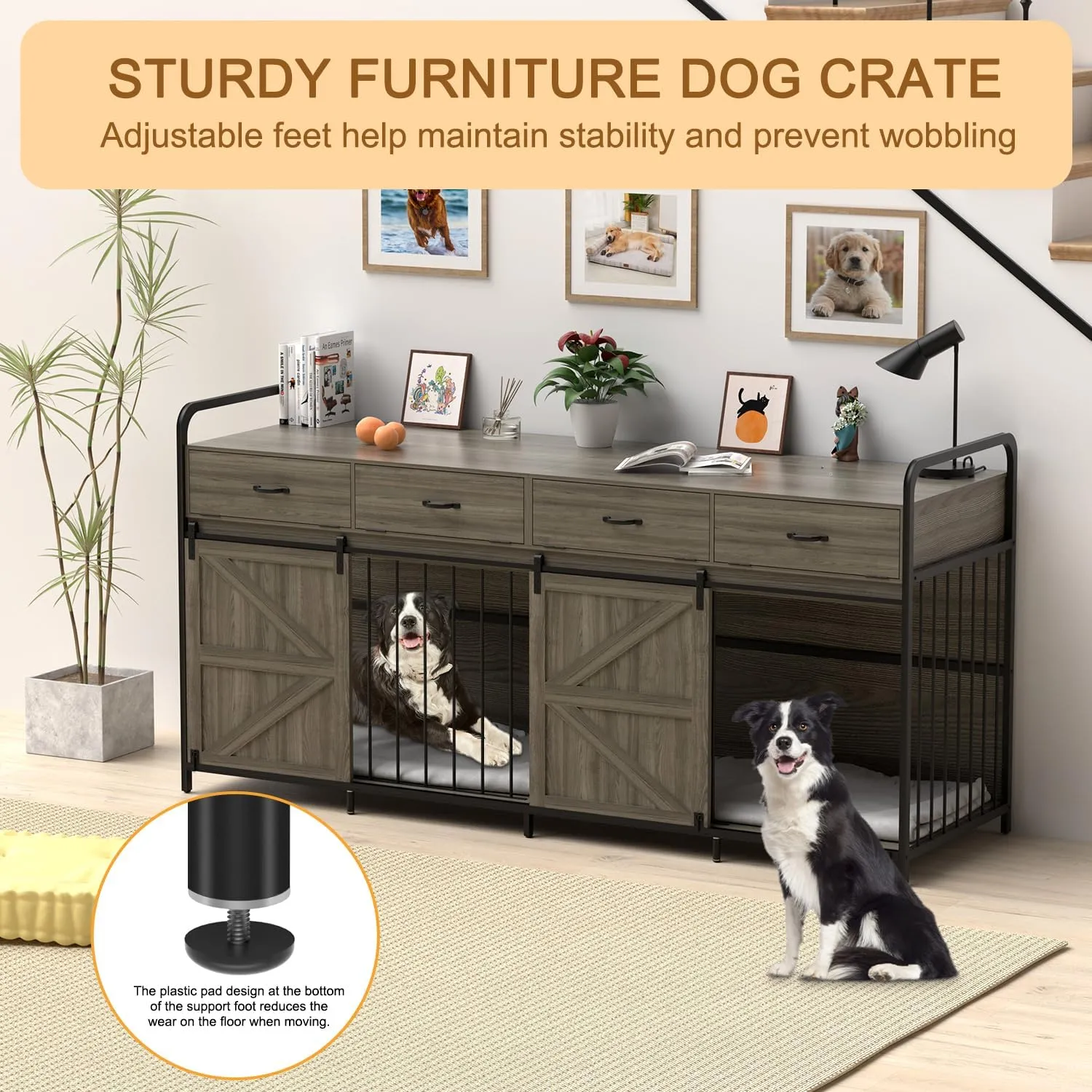 78.7" Double Dog Crate Furniture for 2 Large Dogs Heavy Duty Wood Dog Kennel with Sliding Barn Door & Divider Furniture Style Dog Crate Side Table with 4 Space Drawer for Dog Supply (Grey)
