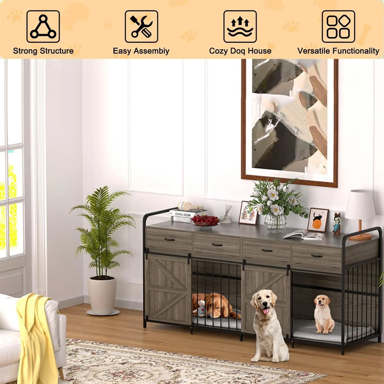 78.7" Double Dog Crate Furniture for 2 Large Dogs Heavy Duty Wood Dog Kennel with Sliding Barn Door & Divider Furniture Style Dog Crate Side Table with 4 Space Drawer for Dog Supply (Grey)