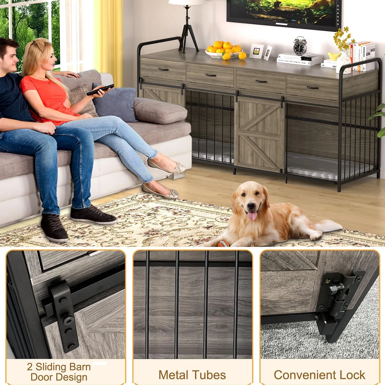 78.7" Double Dog Crate Furniture for 2 Large Dogs Heavy Duty Wood Dog Kennel with Sliding Barn Door & Divider Furniture Style Dog Crate Side Table with 4 Space Drawer for Dog Supply (Grey)