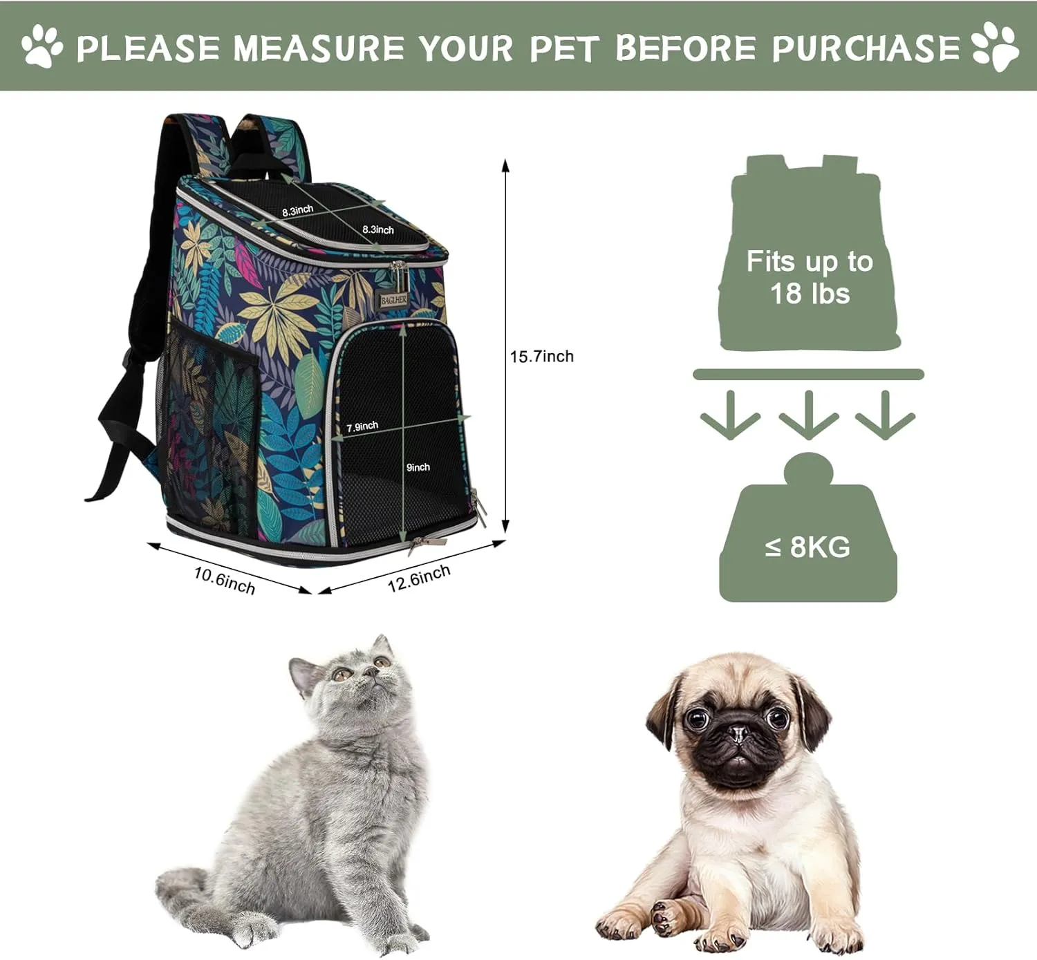 BAGLHER Cat Backpack Carrier, Mesh Pet Cat Carrier for Medium Small Dog Cat Puppy Kitten Bunny up to 18lbs, Dog Travel Backpack for Picnic Hiking Walking Cycling