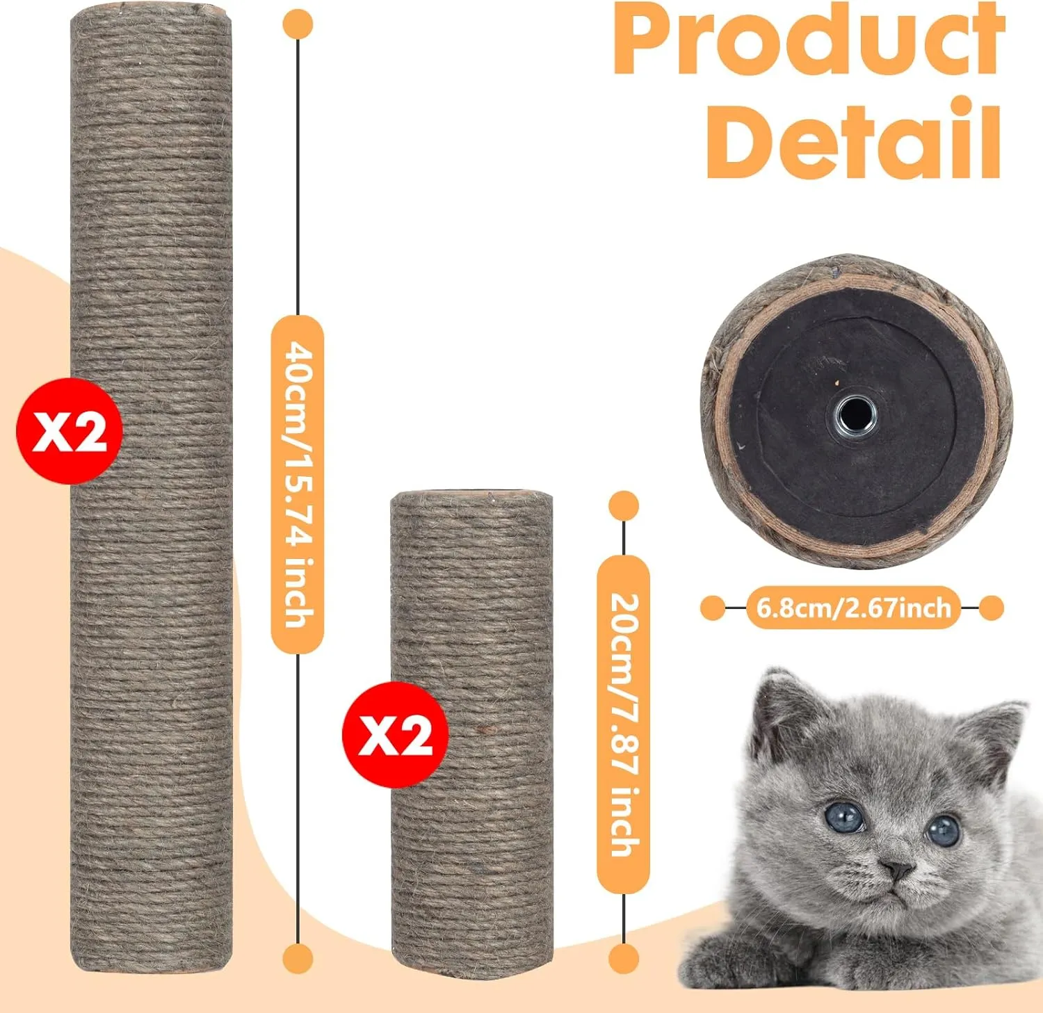 Barelove Cat Scratching Post Replacement, 4 Pieces Cat Scratcher Cat Tree Replacement Parts, 15.4'' x 2.67" Dia   7.87 x 2.67" DiaNatural Sisal Rope Cat Scratch Posts Include M8 Screws, Grey