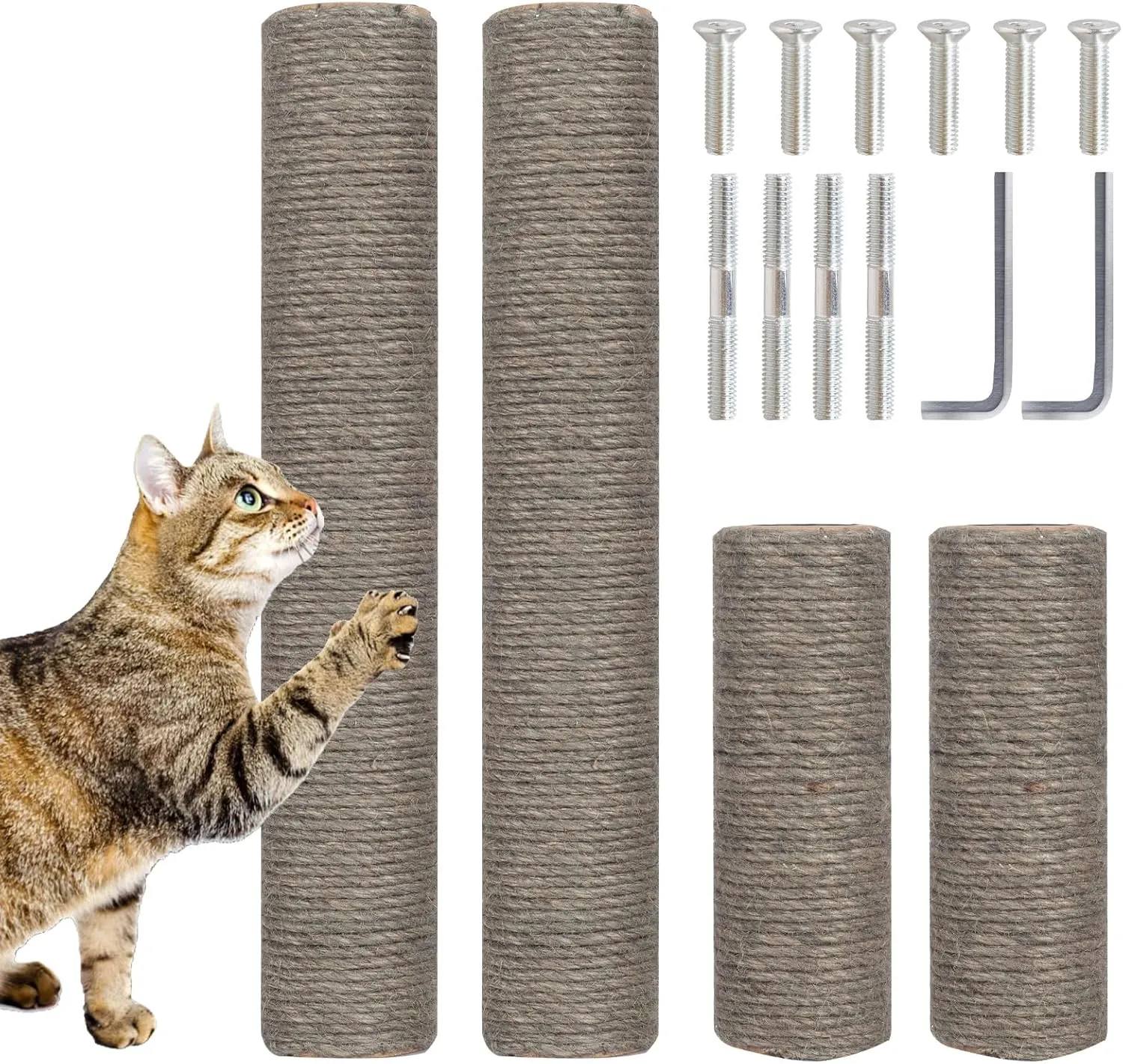 Barelove Cat Scratching Post Replacement, 4 Pieces Cat Scratcher Cat Tree Replacement Parts, 15.4'' x 2.67" Dia   7.87 x 2.67" DiaNatural Sisal Rope Cat Scratch Posts Include M8 Screws, Grey