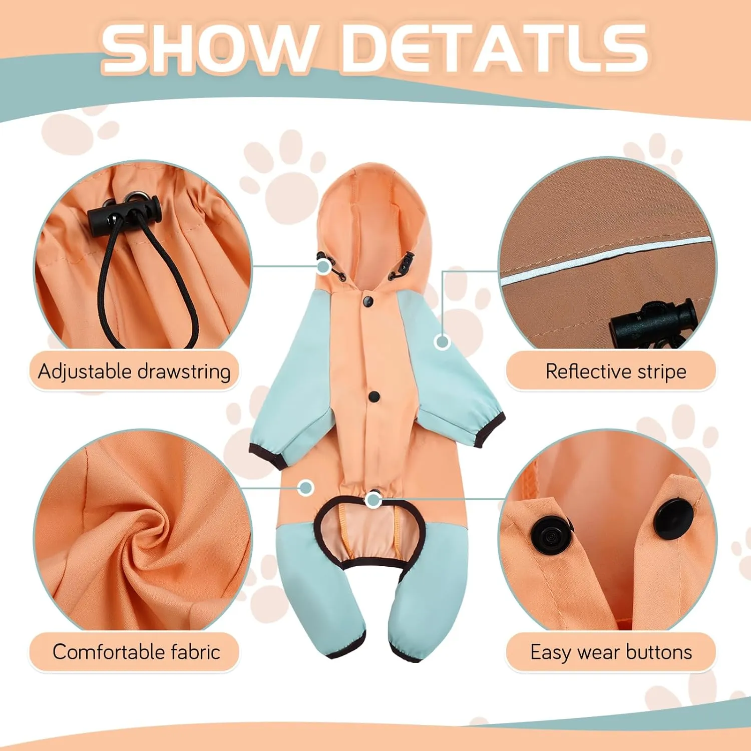 BRKURLEG Dog Raincoat for Small Dogs, 4 Legs Dog Rain Jacket, Pet Waterproof Rainproof Jacket with Leash Hole Reflective Pet Poncho for Small Dogs Boy Girl, Orange S