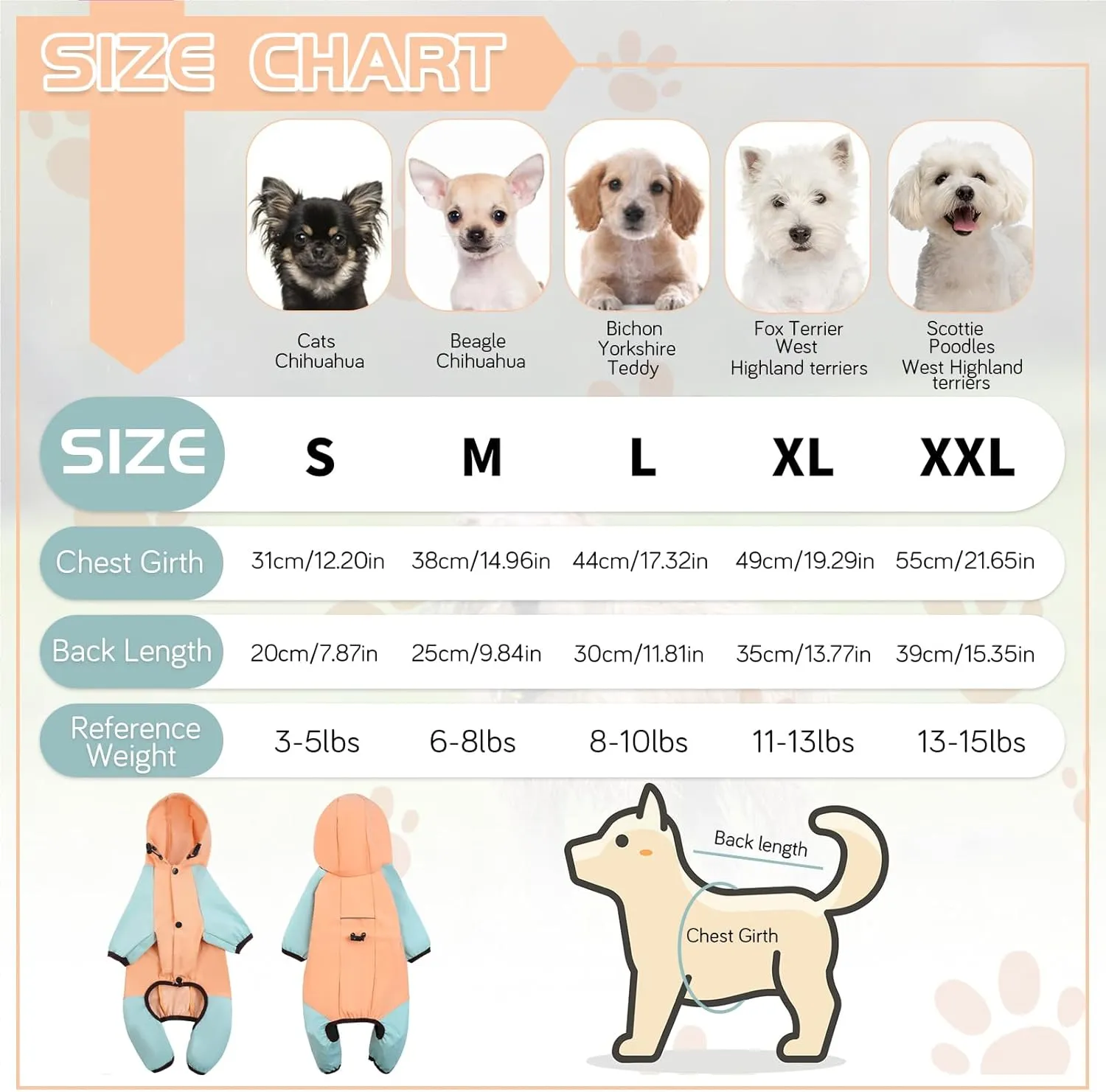 BRKURLEG Dog Raincoat for Small Dogs, 4 Legs Dog Rain Jacket, Pet Waterproof Rainproof Jacket with Leash Hole Reflective Pet Poncho for Small Dogs Boy Girl, Orange S