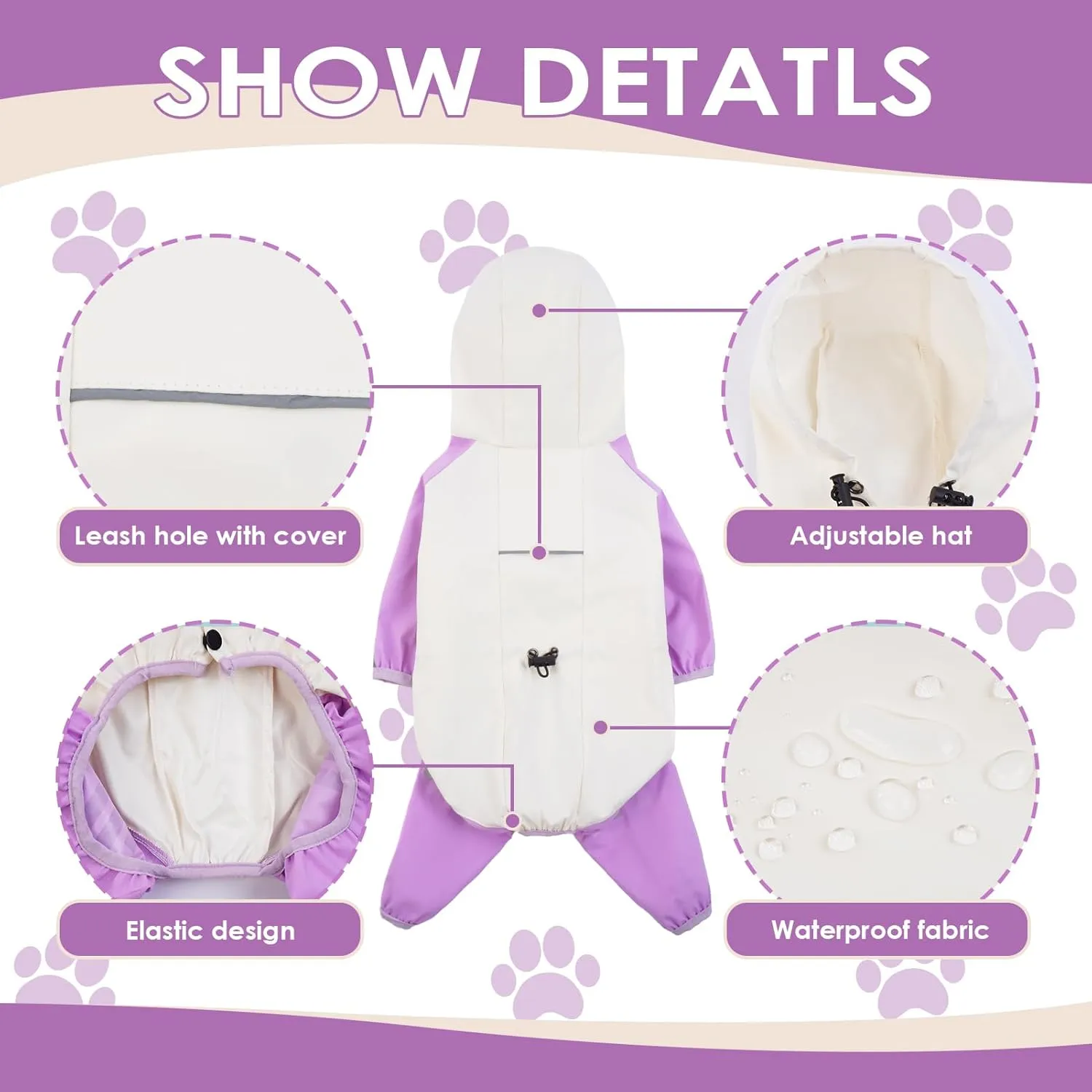 BRKURLEG Small Dog Raincoat, 4 Legs Dog Rain Jacket, Pet Waterproof Rainproof Jacket with Leash Hole Reflective Pet Poncho for Small Dogs Boy Girl, Purple M