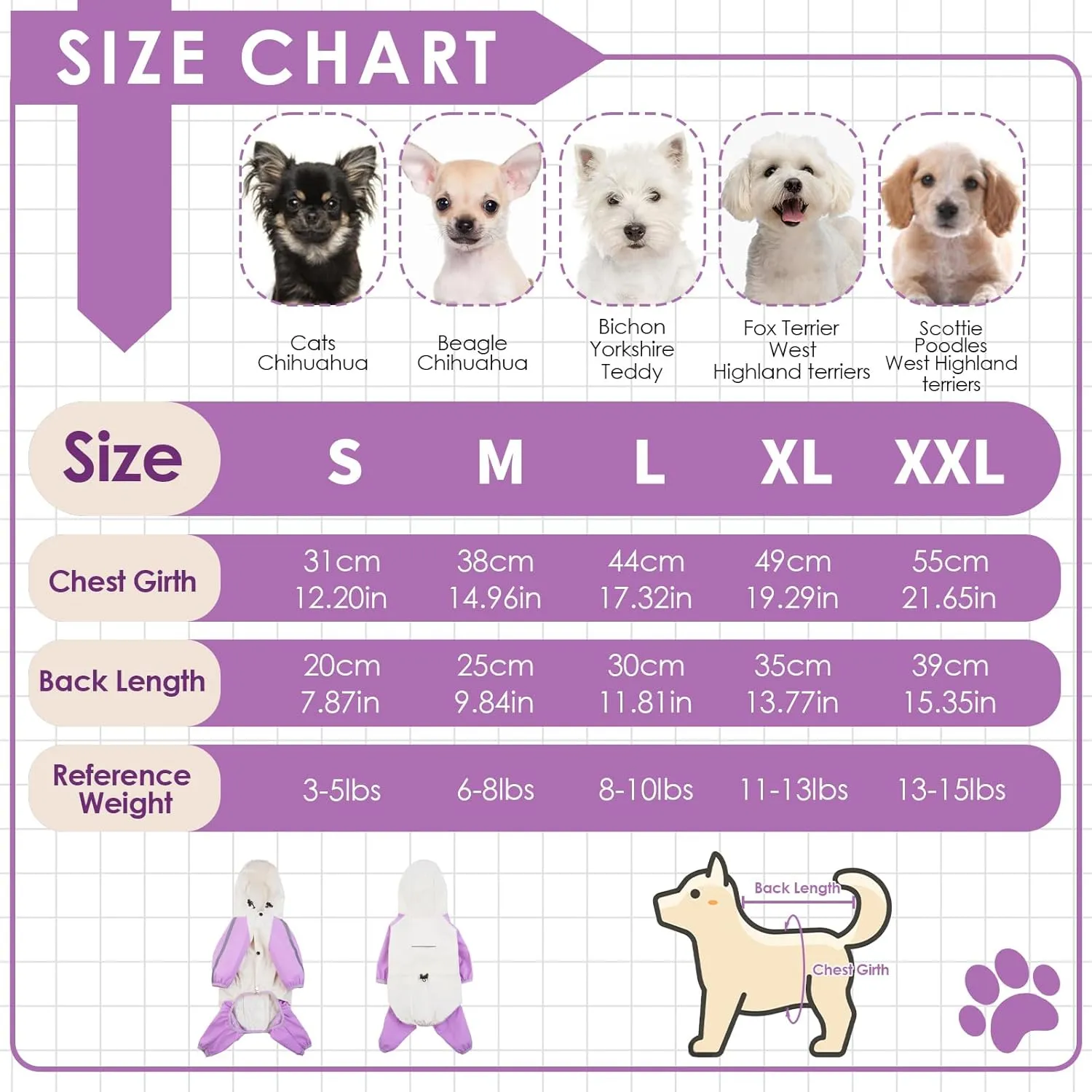 BRKURLEG Small Dog Raincoat, 4 Legs Dog Rain Jacket, Pet Waterproof Rainproof Jacket with Leash Hole Reflective Pet Poncho for Small Dogs Boy Girl, Purple M