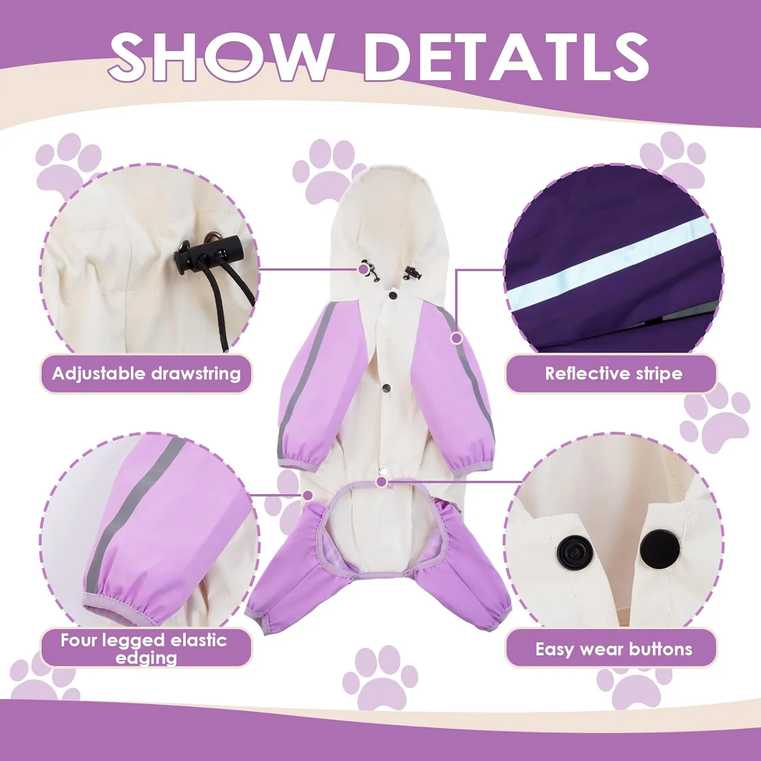 BRKURLEG Small Dog Raincoat, 4 Legs Dog Rain Jacket, Pet Waterproof Rainproof Jacket with Leash Hole Reflective Pet Poncho for Small Dogs Boy Girl, Purple M