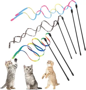 Cat Wand Toy Set, Interactive Cat Wand Toy with Rainbow Ribbon String, Rainbow Cloth String, Leopard Print Cloth String for Small Cats Kittens Indoor Training Catcher(6 Packs)