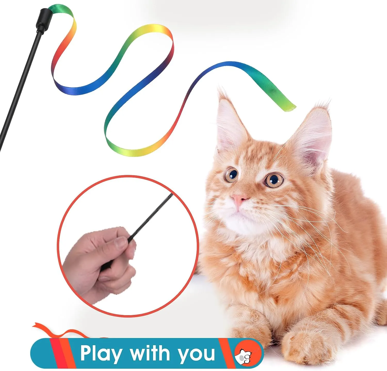 Cat Wand Toy Set, Interactive Cat Wand Toy with Rainbow Ribbon String, Rainbow Cloth String, Leopard Print Cloth String for Small Cats Kittens Indoor Training Catcher(6 Packs)