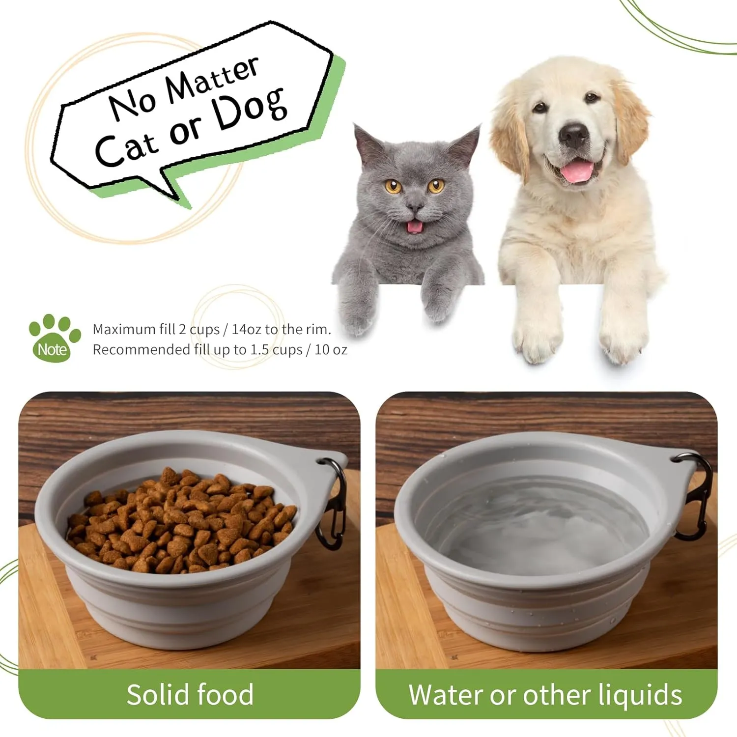 Dog Bowl Pet Travel Collapsible Bowls 2 Pack, Portable Foldable Cats Dogs Water Dish Puppy Bowl for Walking Parking Traveling, Silicone One-Piece Molded Rim No Fall Off or Crack BPA Free