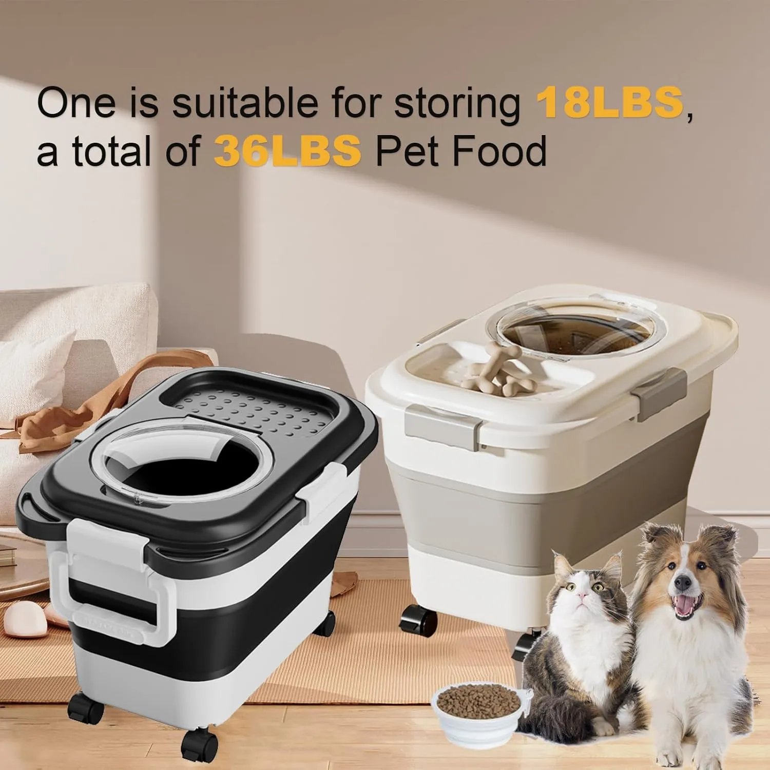 Dog Food Storage Container 2PCS*18LB,Collapsible Dog Food Container with Travel Silicone Bowl and Scoop for Dog/Cat/Bird Food,Keep Dry Food Fresh,Easy to Move.(Black White)