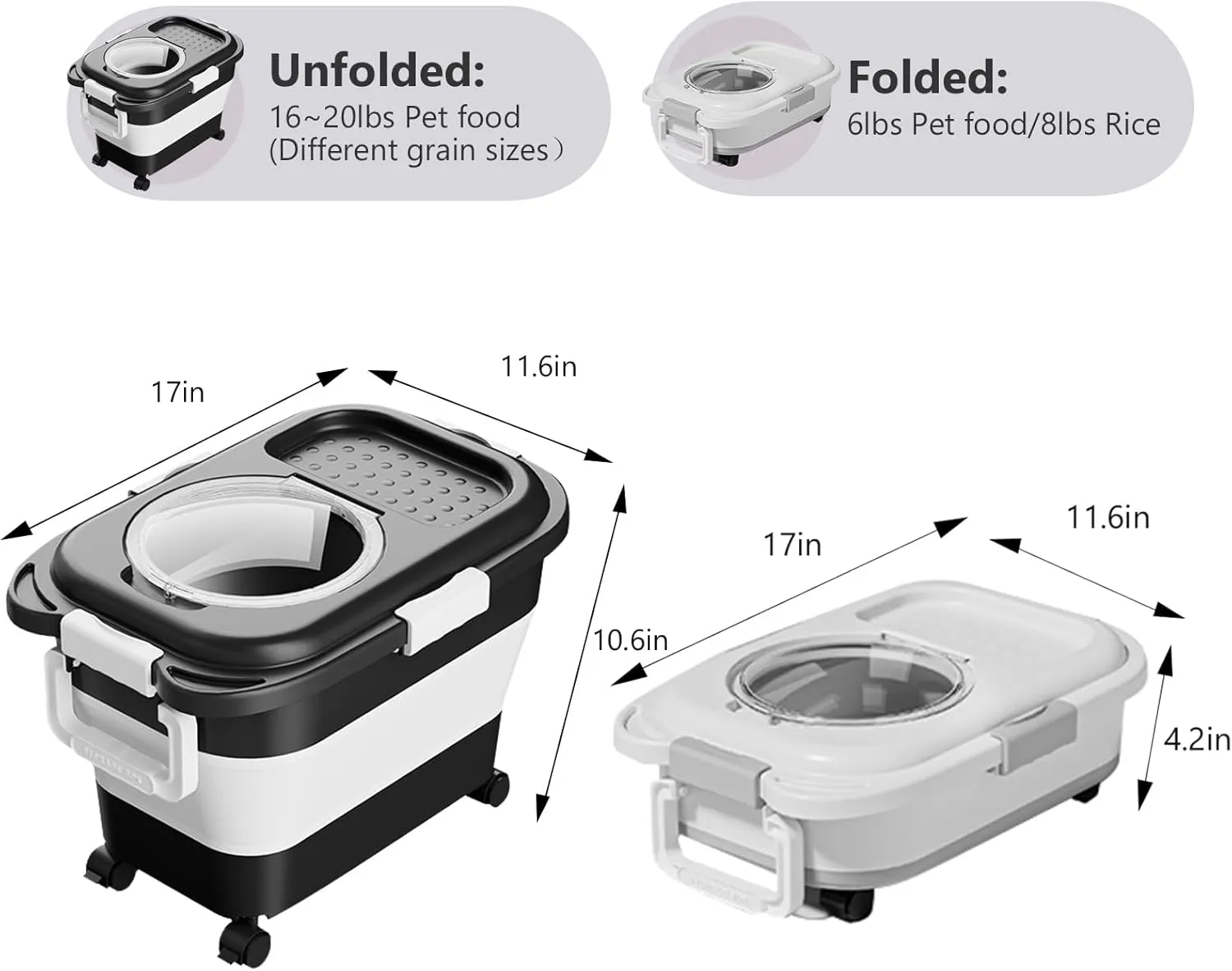 Dog Food Storage Container 2PCS*18LB,Collapsible Dog Food Container with Travel Silicone Bowl and Scoop for Dog/Cat/Bird Food,Keep Dry Food Fresh,Easy to Move.(Black White)