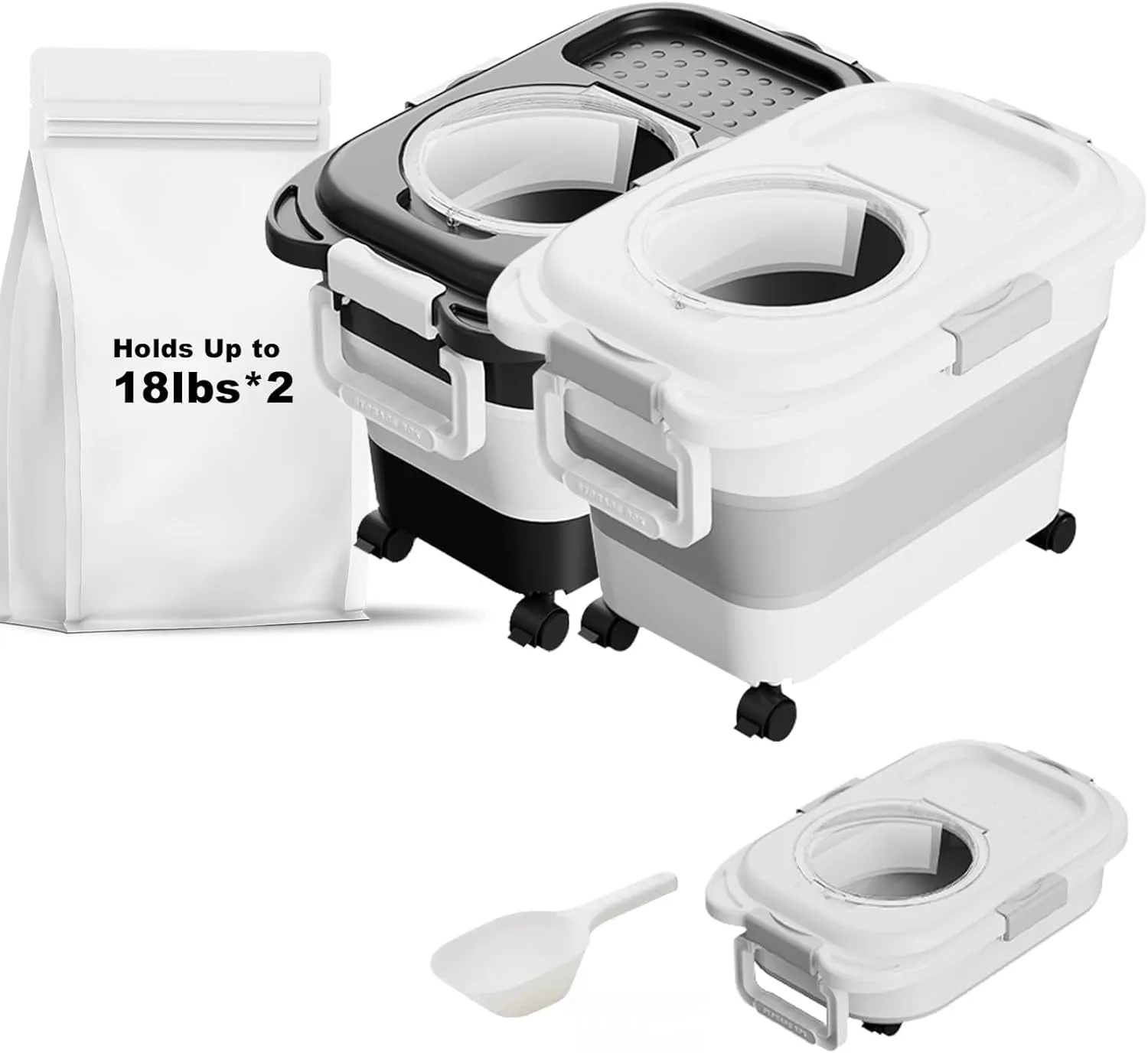 Dog Food Storage Container 2PCS*18LB,Collapsible Dog Food Container with Travel Silicone Bowl and Scoop for Dog/Cat/Bird Food,Keep Dry Food Fresh,Easy to Move.(Black White)
