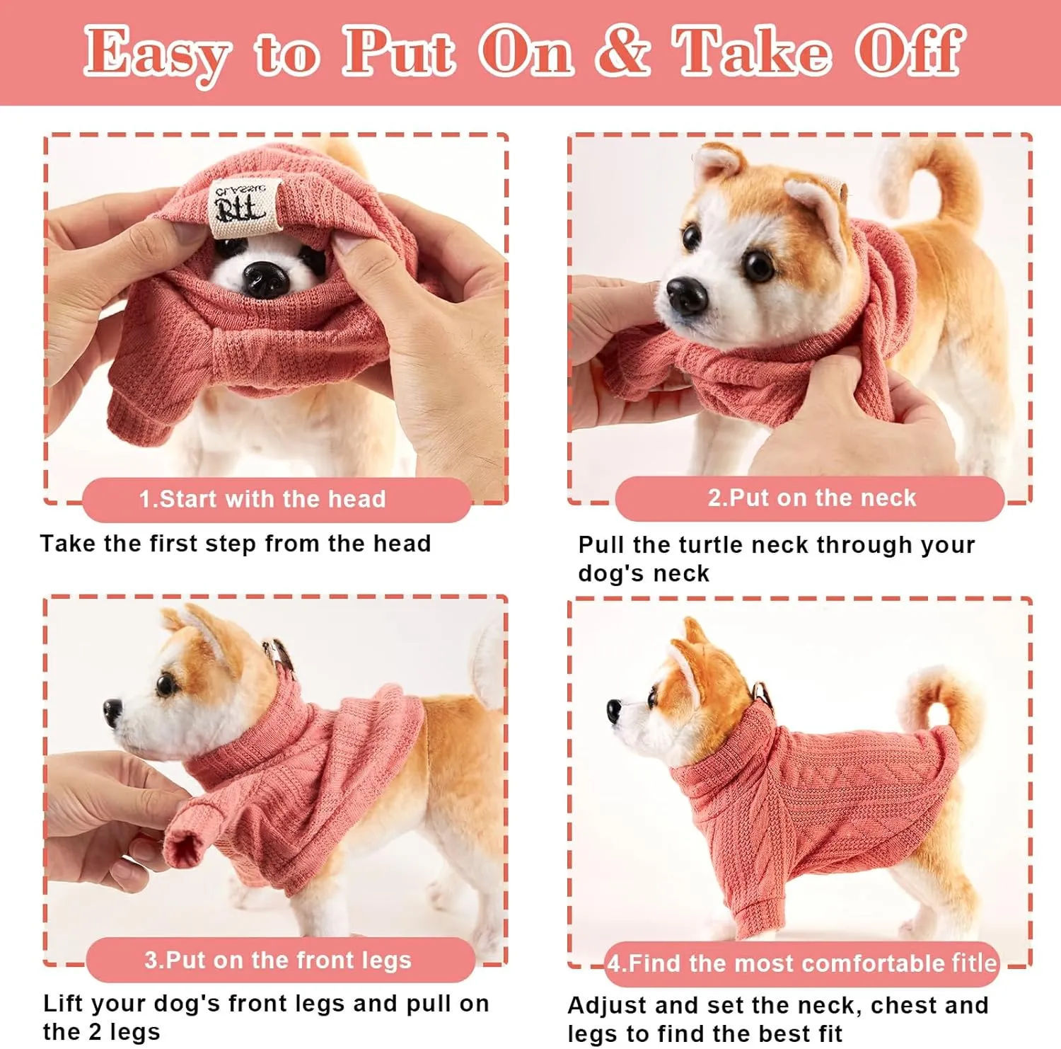 Dog Sweater, Fashion Warm Cat Jumper, Winter Knitted Pullover Soft Turtleneck Clothes Vest - Soft Pet Winter Supplies for Puppy, Small, Medium, Large Dogs (Pink, L)