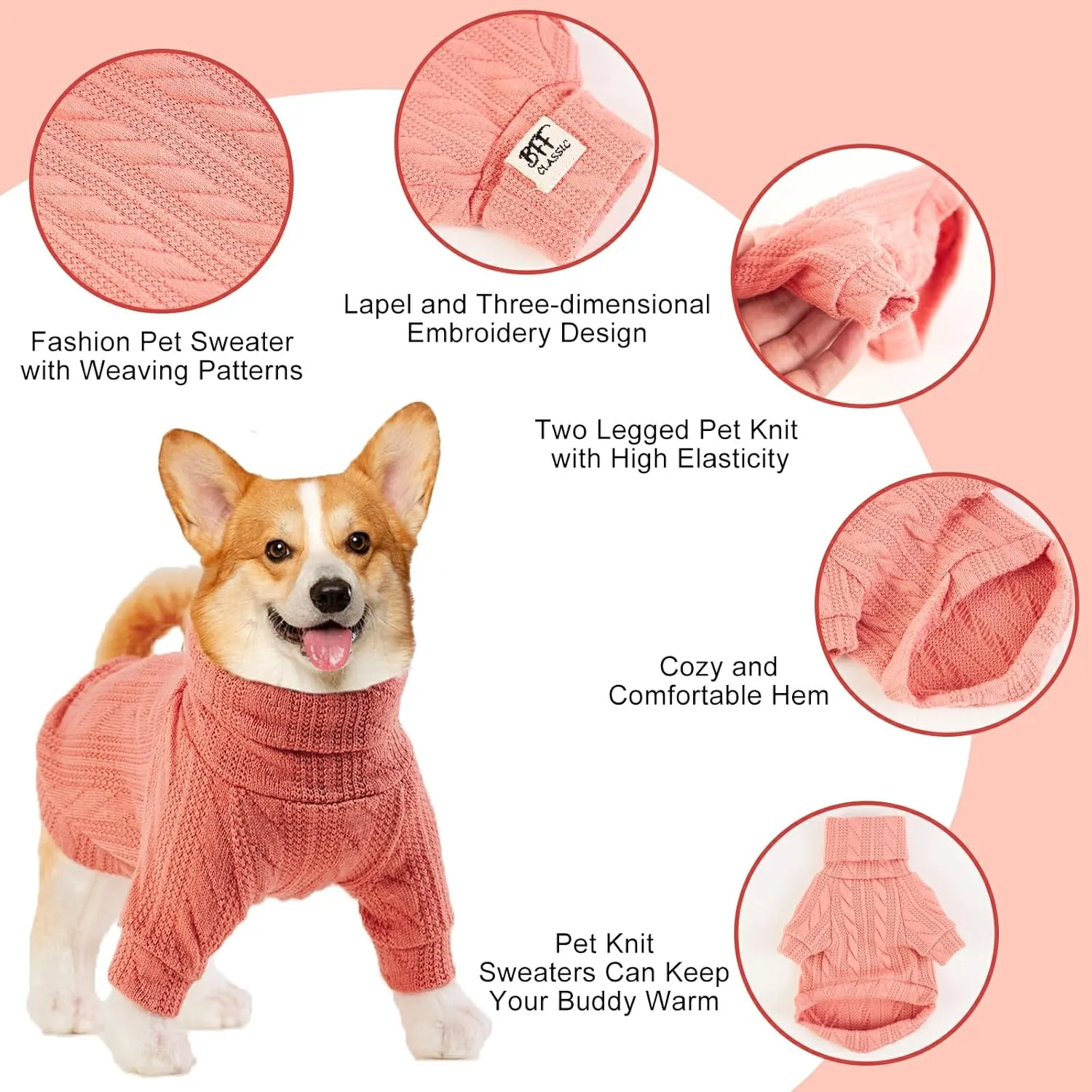 Dog Sweater, Fashion Warm Cat Jumper, Winter Knitted Pullover Soft Turtleneck Clothes Vest - Soft Pet Winter Supplies for Puppy, Small, Medium, Large Dogs (Pink, L)