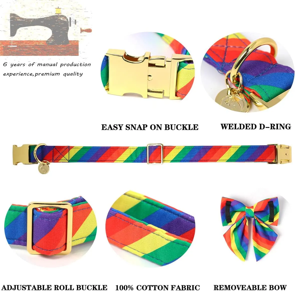 DOGWONG Rainbow Dog Collar with Pretty Bow Tie for LGBT Pride Month - Adjustable and Comfortable LGBTQ Collar for Large Medium Small Pet