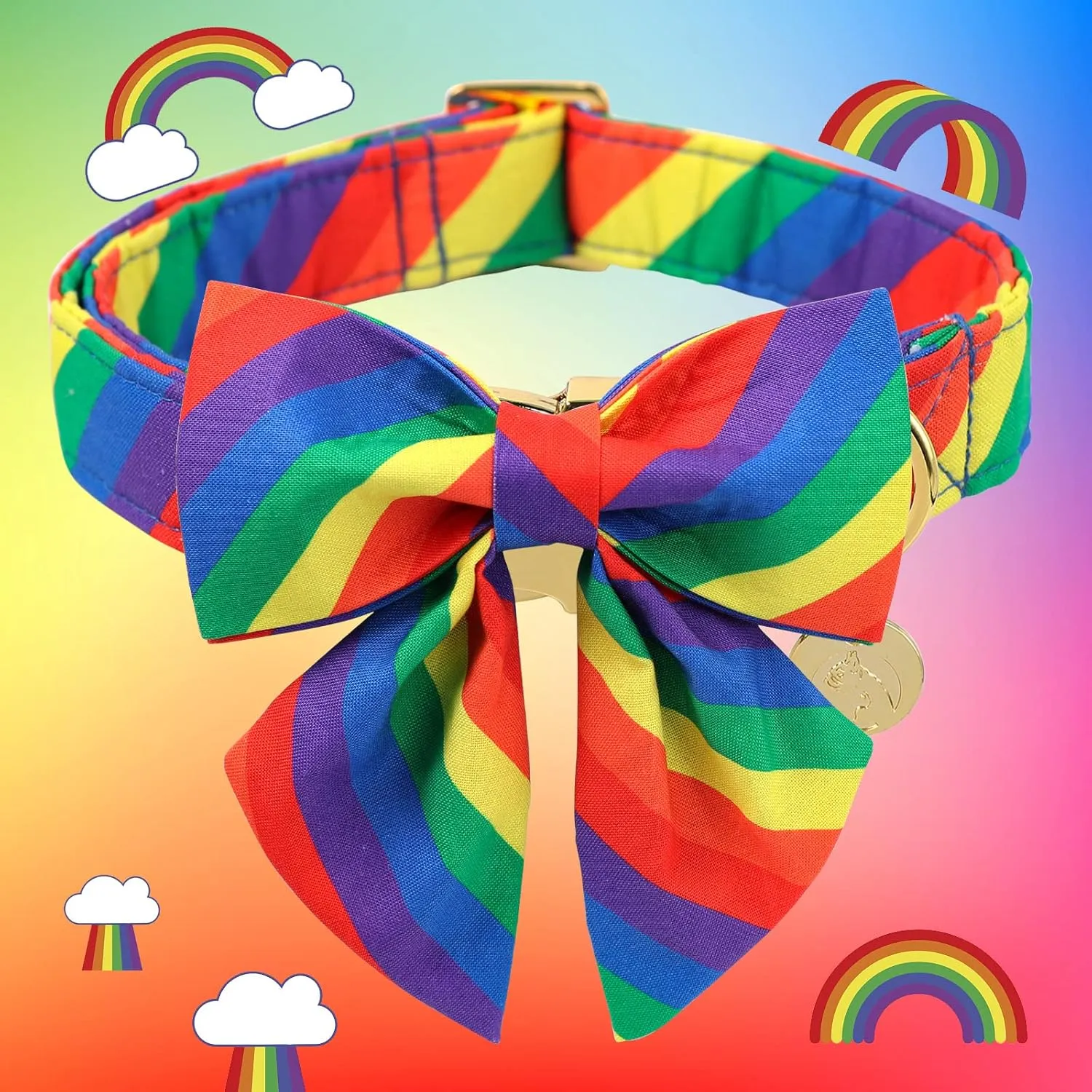 DOGWONG Rainbow Dog Collar with Pretty Bow Tie for LGBT Pride Month - Adjustable and Comfortable LGBTQ Collar for Large Medium Small Pet