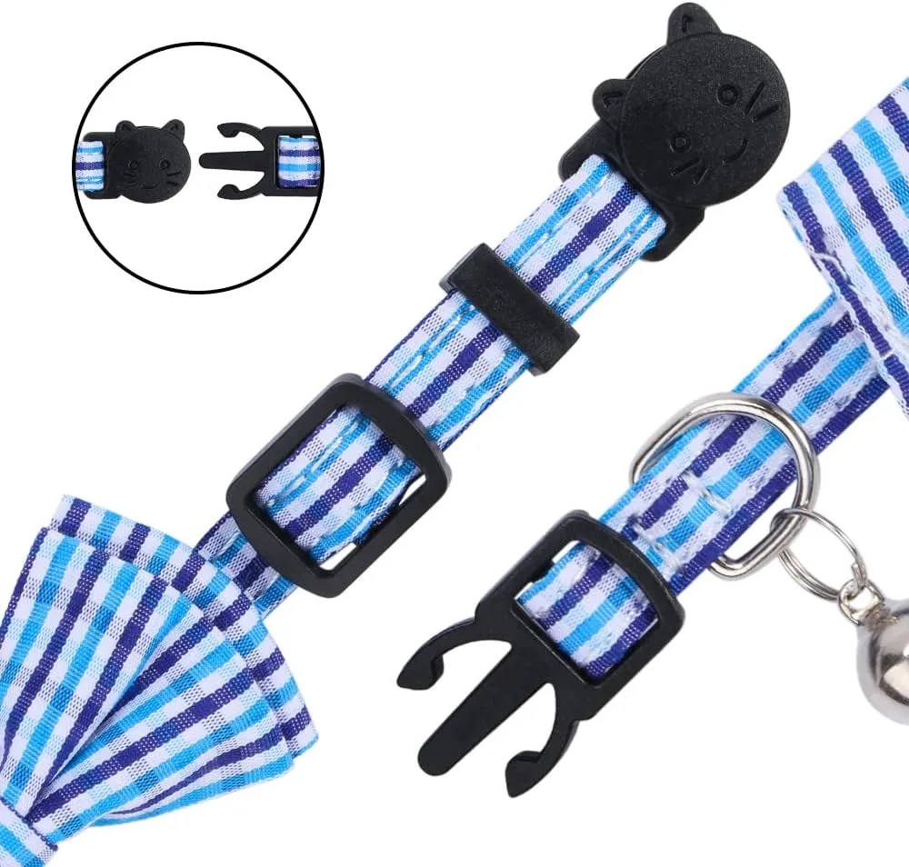 Faleela 2 Pack/Set Cat Collar with Cute Bow Tie and Bell,Breakaway Plaid Shirt Collar for Kitty Adjustable Safety