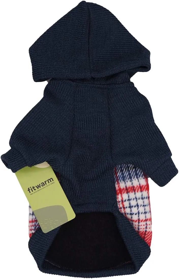 Fitwarm Tartan Plaid Dog Hoodie, Knitted Dog Clothes for Small Dogs Boy, Pet Sweater with Hood, Cat Fleece Lined Winter Outfit, Red, Navy Blue, Large