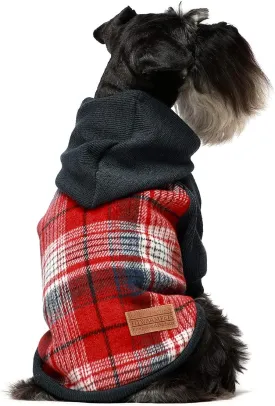 Fitwarm Tartan Plaid Dog Hoodie, Knitted Dog Clothes for Small Dogs Boy, Pet Sweater with Hood, Cat Fleece Lined Winter Outfit, Red, Navy Blue, Large