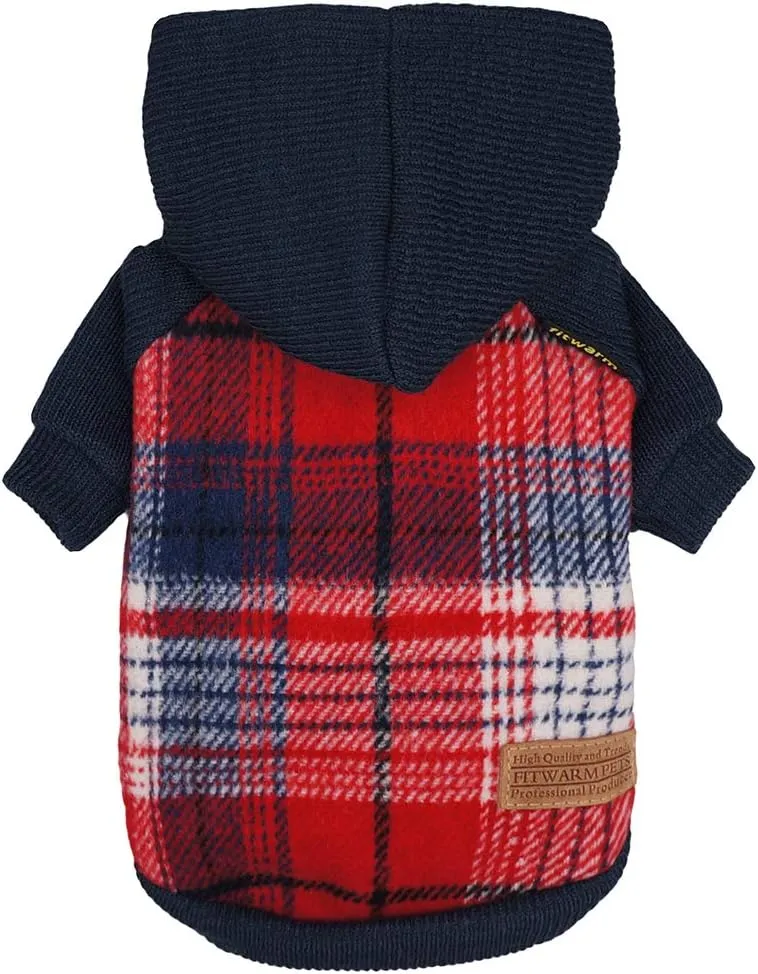 Fitwarm Tartan Plaid Dog Hoodie, Knitted Dog Clothes for Small Dogs Boy, Pet Sweater with Hood, Cat Fleece Lined Winter Outfit, Red, Navy Blue, Large
