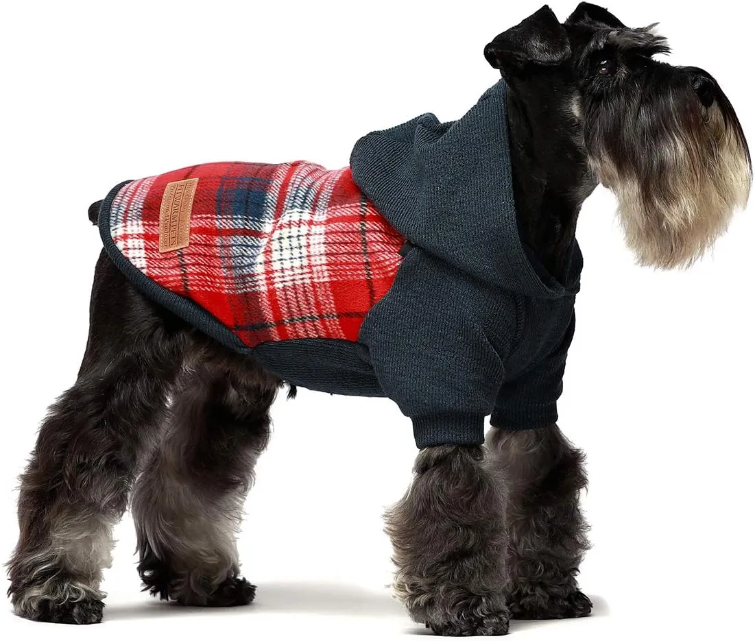 Fitwarm Tartan Plaid Dog Hoodie, Knitted Dog Clothes for Small Dogs Boy, Pet Sweater with Hood, Cat Fleece Lined Winter Outfit, Red, Navy Blue, Large