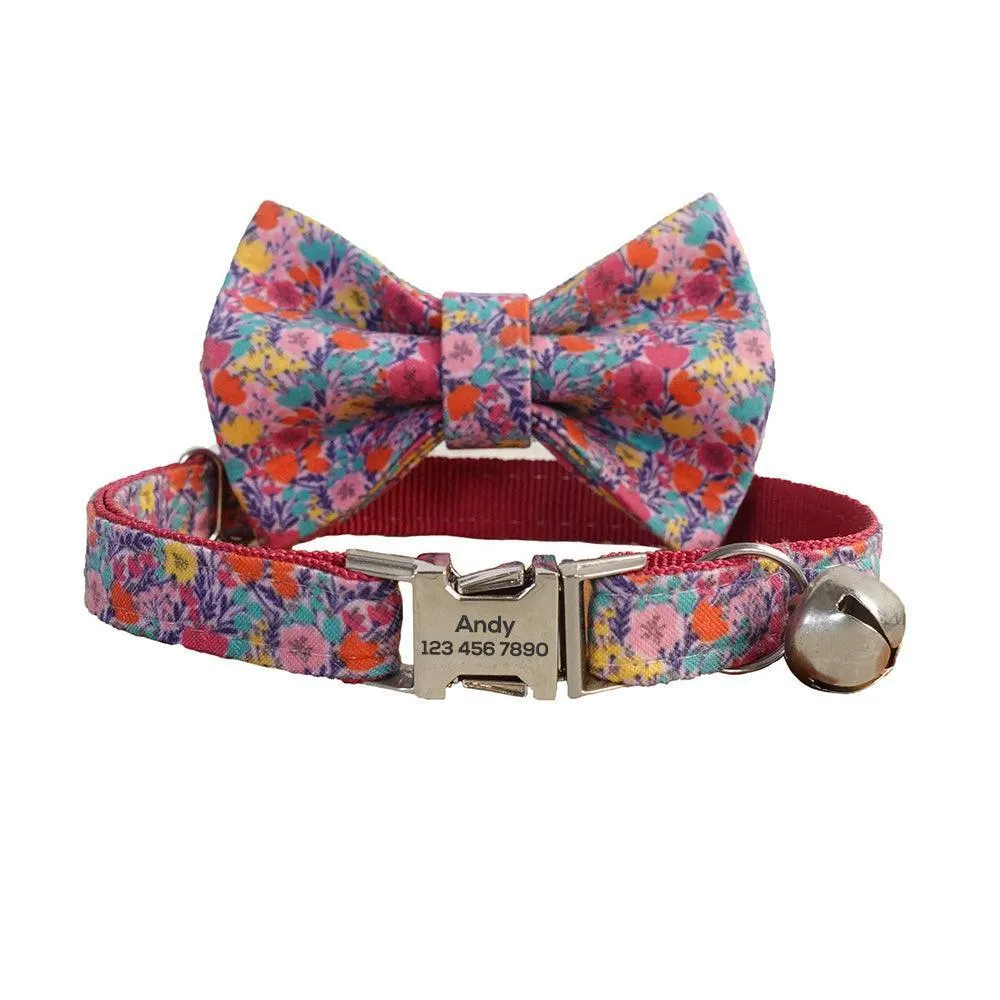 Flower Adjustable Personalized Cat Collar With Removable Bell & Bowtie