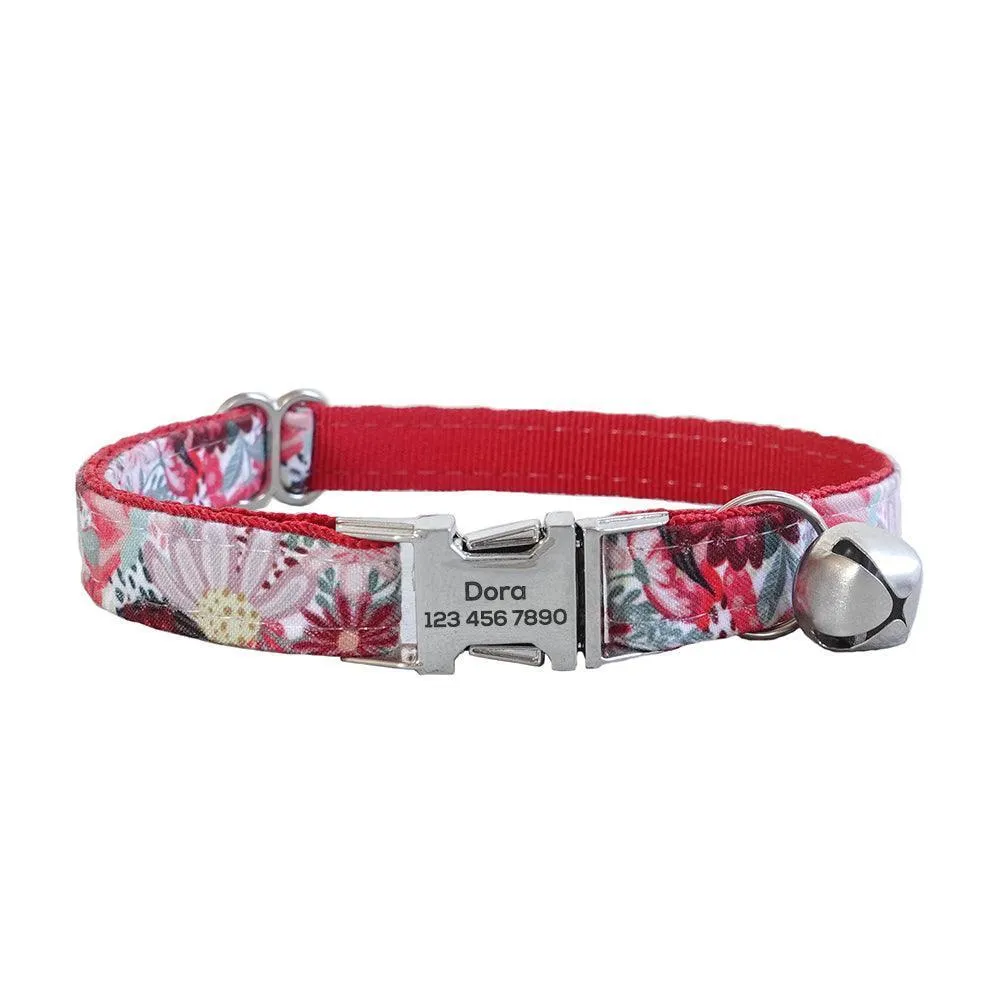 Flower Adjustable Personalized Cat Collar With Removable Bell & Bowtie