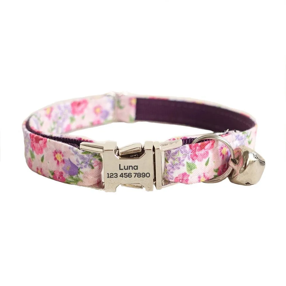 Flower Adjustable Personalized Cat Collar With Removable Bell & Bowtie
