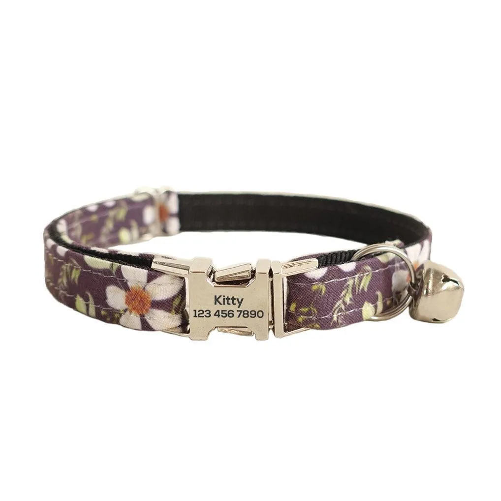 Flower Adjustable Personalized Cat Collar With Removable Bell & Bowtie