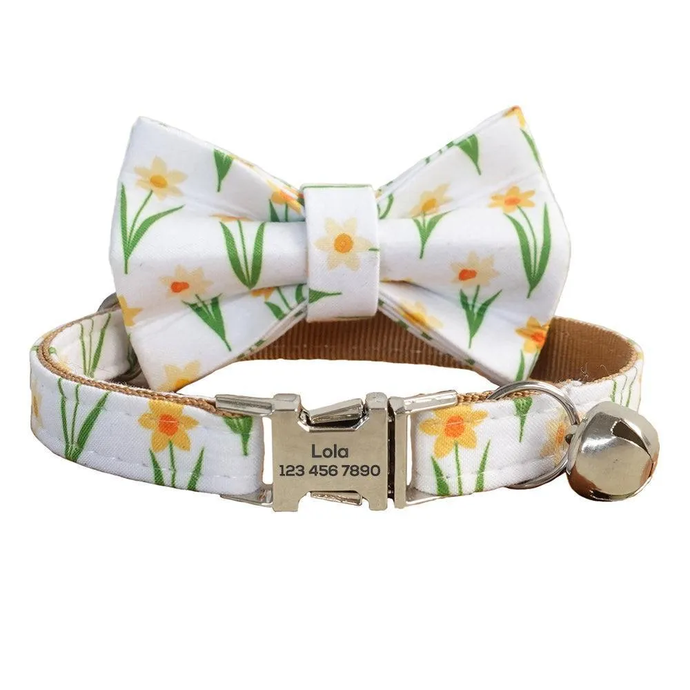 Flower Adjustable Personalized Cat Collar With Removable Bell & Bowtie