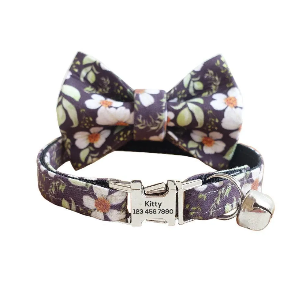 Flower Adjustable Personalized Cat Collar With Removable Bell & Bowtie
