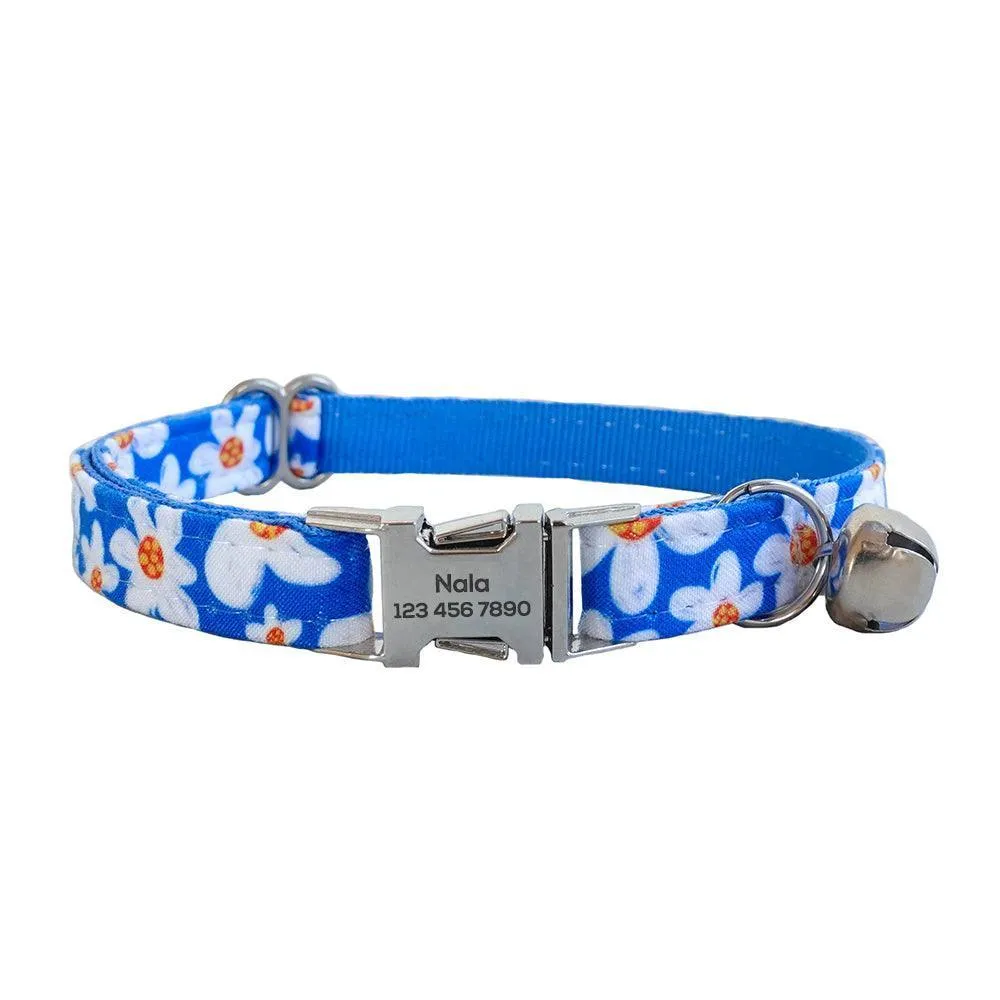 Flower Adjustable Personalized Cat Collar With Removable Bell & Bowtie