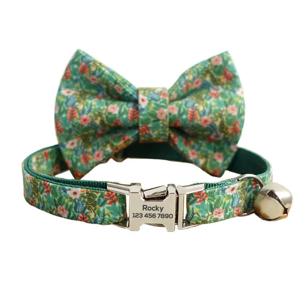 Flower Adjustable Personalized Cat Collar With Removable Bell & Bowtie