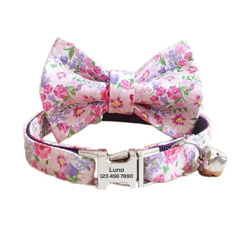 Flower Adjustable Personalized Cat Collar With Removable Bell & Bowtie