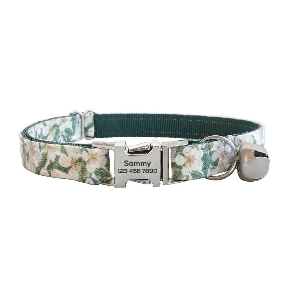 Flower Adjustable Personalized Cat Collar With Removable Bell & Bowtie