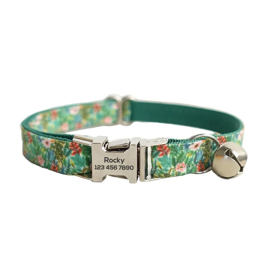 Flower Adjustable Personalized Cat Collar With Removable Bell & Bowtie
