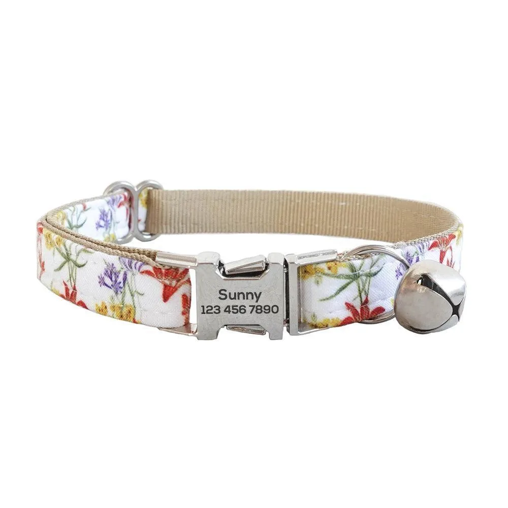 Flower Adjustable Personalized Cat Collar With Removable Bell & Bowtie